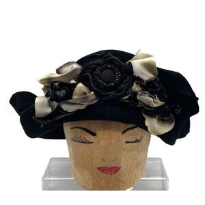 Louise Green Black Wide Brim Hat OS Black Felt with Ombre Ribbon & Bow Handmade